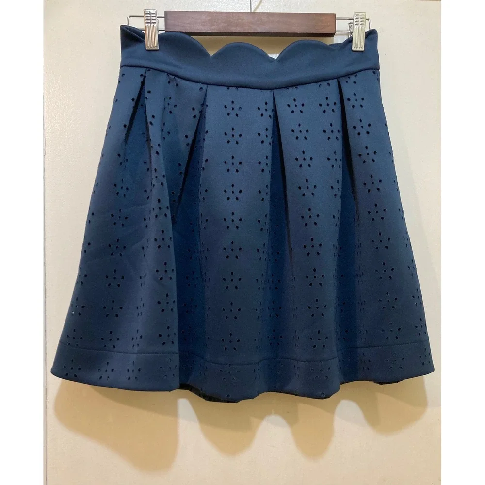 Alya Skater Skirt Womens M Navy Blue Laser Cut Scalloped Waist Pleated Coquette
